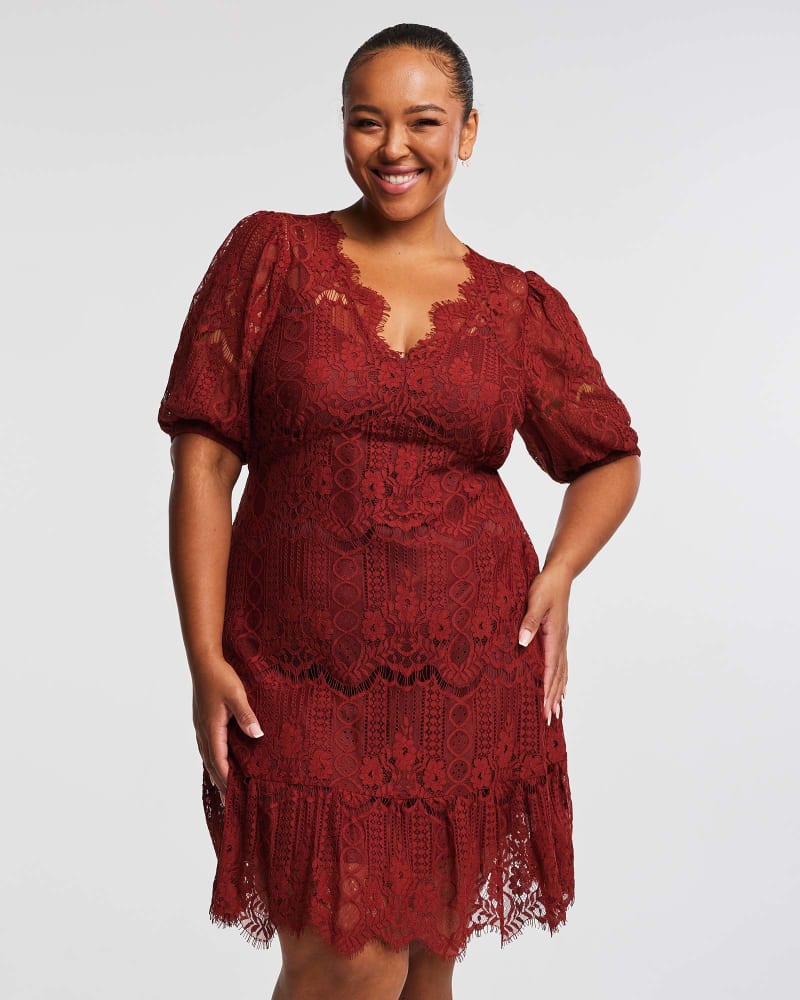 Front of a model wearing a size 24W Liana Lace Dress in Ginger by Estelle. | dia_product_style_image_id:315580